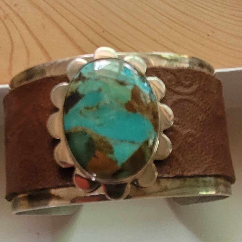 Turquoise and Sterling Leather Cuff Bracelet